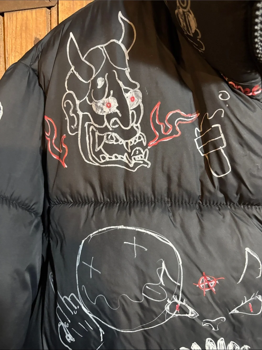 ZARA Black Puffer Jacket with White & Red Custom Painted Graphics